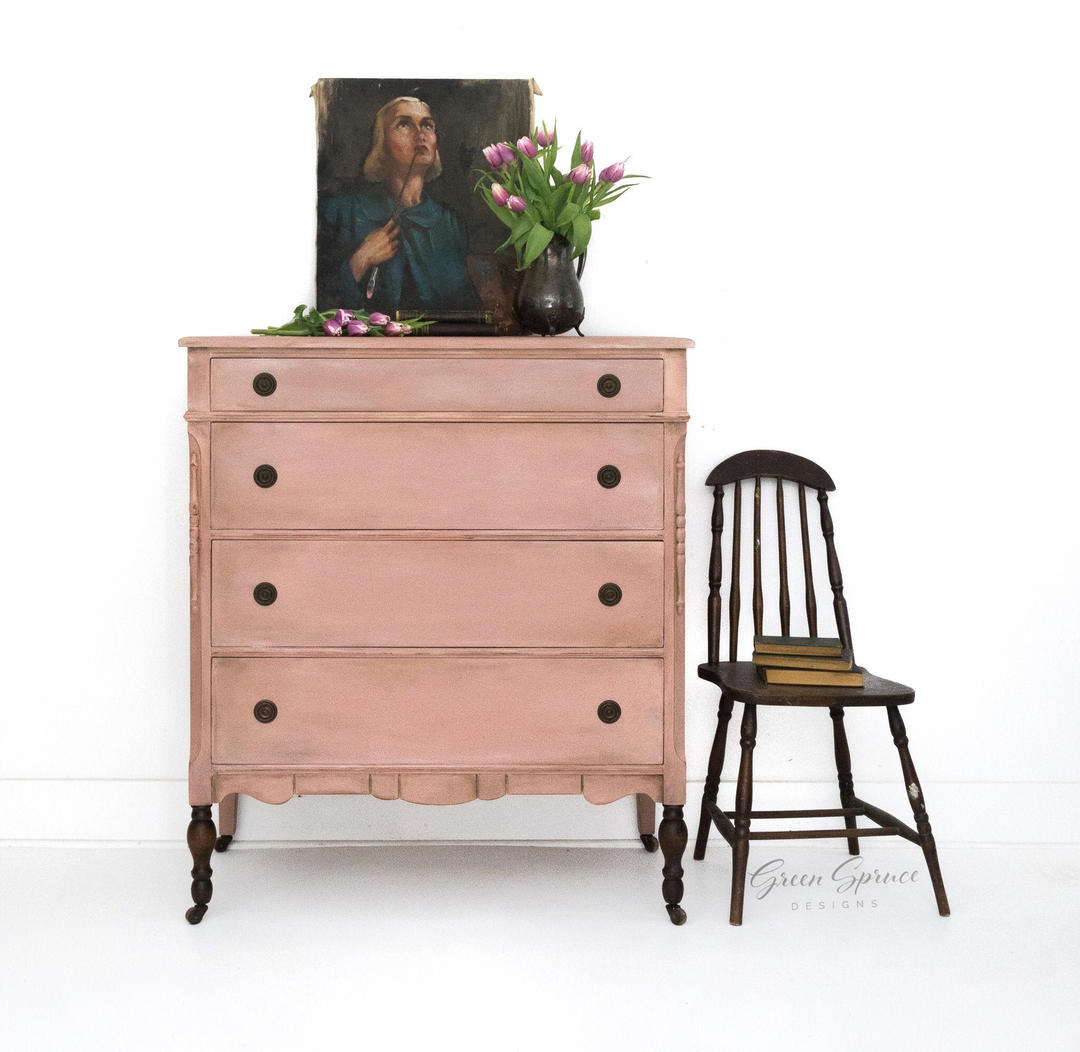 Hand Painted Salmon Blush Light Pink Vintage Dresser Feminine