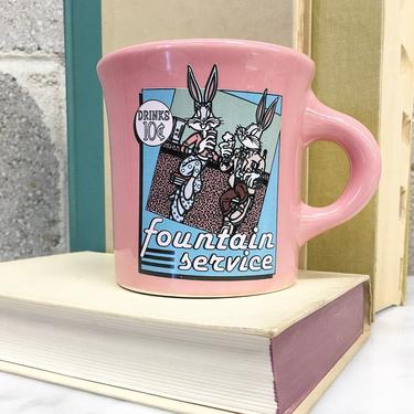Vintage Mug Retro 1990s Warner Bros + Bugs and Lola Bunny + Looney Tunes + Ceramic + Pink + Baby Blue + 8 Ounce + Coffee Cup + Novelty Gift 