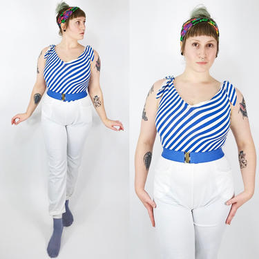 White Blue Jumpsuit, Vintage Womens Jumpsuit, Tank Top Bodysuit, Retro Womens Jumper, Summer Jumpsuit Womens Medium, 