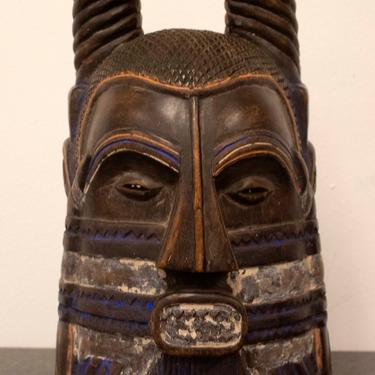 Vintage Primitive African Warrior Polychrome Mask with Horns Table Sculpture 