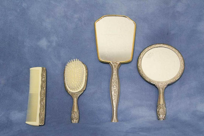 Vintage Four Piece Silver Plated Dresser Vanity Set Comb Mirror