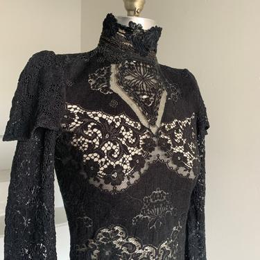 Vintage 1980s High Neck Victorian Style Gothic Witchy German Cotton Top Black Lace 34 Bust Vintage 