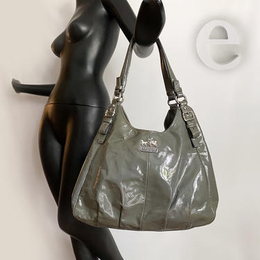 Coach &quot;Maggie&quot; Gray Patent Leather Handbag • Grey Genuine Leather Double Strap Hobo Purse Tote • Key Tab Fob • Excellent Condition 