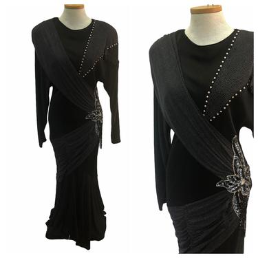 Vintage VTG 1980s 80s Black Sequin Glam Rock Long Sleeve Party Maxi Dress 