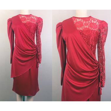 Vintage 80s Asymmetrical Red Draped Dress w/ Lace Top Party Cocktail S 