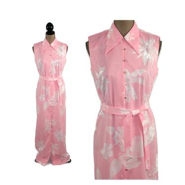 Florida Novelty Print 70s Maxi Dress Long Summer Dress Women Medium Pink &amp; White Polyester 1970s Clothes Vintage Clothing Serbin Muriel Ryan 
