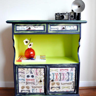 Colorful Accent Piece, Navy Blue Distressed Furniture, Lime Green Shelf, Eyeglass Decoupage Paper, Storage Cabinet, Playful Entry Table 