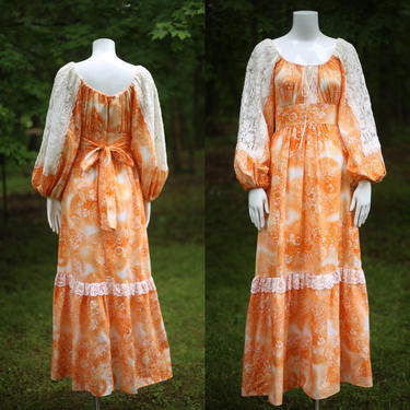 70s orange crush print prairie maxi dress 7 / vintage 1970s fairytale peasant dress gown M 