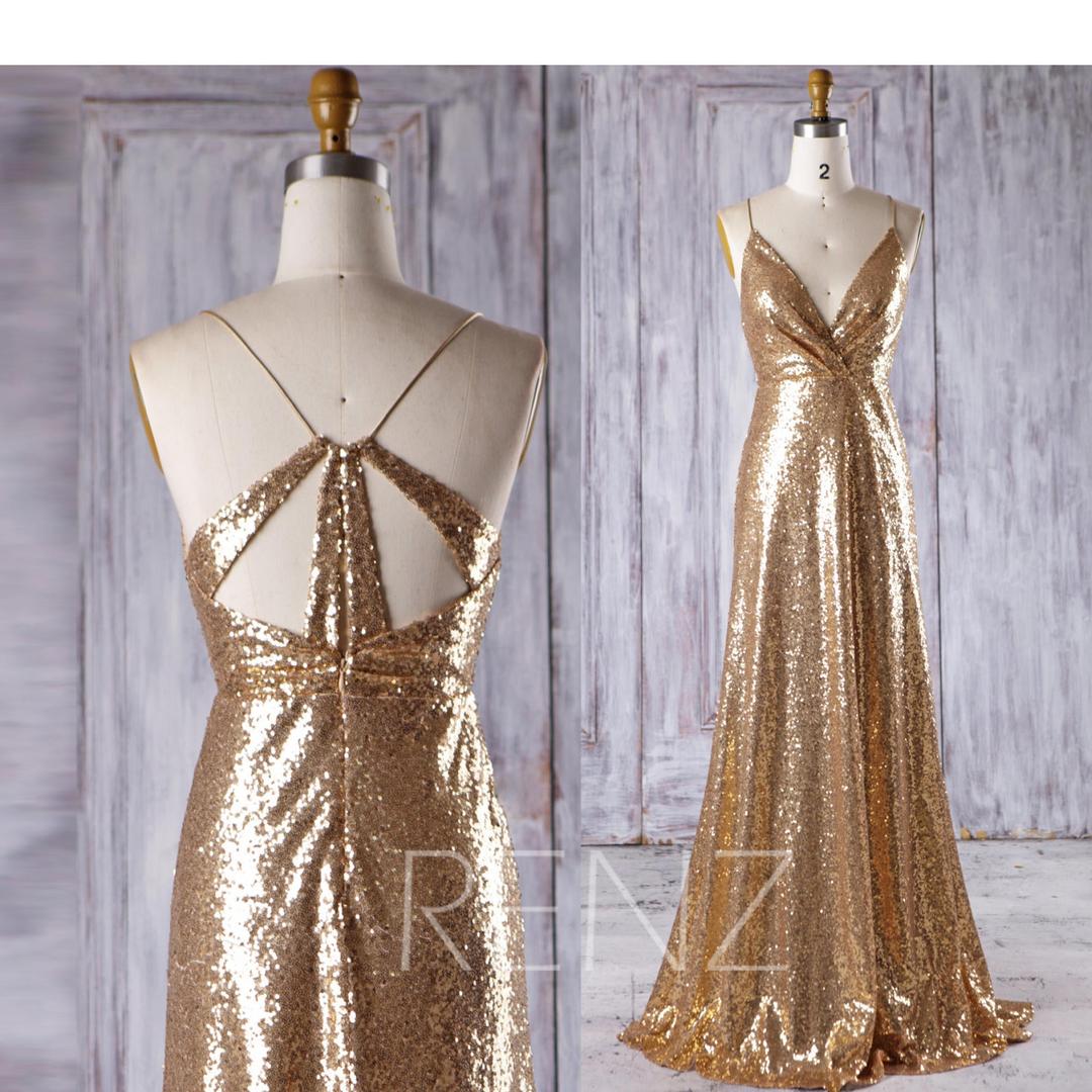 Bridesmaid Dress Gold Sequin Dress Wedding Dress Spaghetti Strap Prom ...