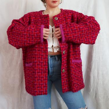 Vintage 1980's Pink Herringbone Tweed Irish Sweater 