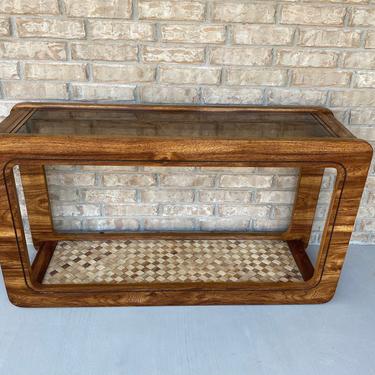 Vintage 1970s-80s Console / Hall / Sofa Table with Inset Glass Top and Lower Shelf with Woven Accent and Glass Topper 