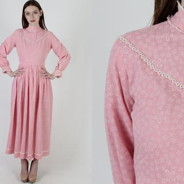 Vintage 70s Velvet Floral Dress Pilgrim Folk Country Homespun Pink Cotton Maxi Dress 