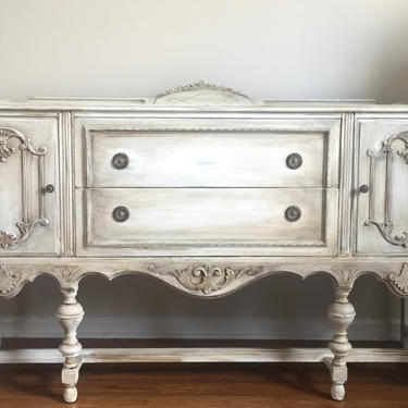 SOLD - Hand Painted Antique Jacobean Ornate Buffet Sideboard/ Weathered Gray 