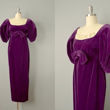 1960s Plum Velvet Regency Sleeved Dress / Purple Velvet gown / Statement Sleeves / Size Small 