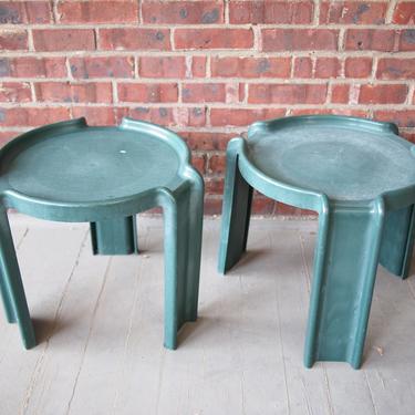 Pair 2 Vintage SYROCO Stacking SIDE TABLE 18&quot; Green Plastic Outdoor Mid-Century Modern Giotto Stoppino Kartell 1970s eames knoll era 