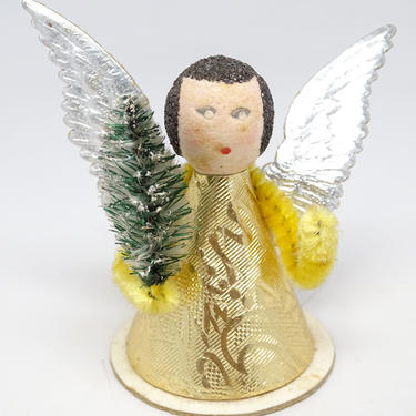 Vintage German Angel with Spun Cotton Head for Christmas Putz or Nativity, Dresden Silver Paper Wings, West Germany 