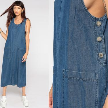Overall Jean Dress Denim Jumper Dress 90s Maxi Pinafore Shift 1990s Grunge Ankle Length Blue Normcore Vintage Minidress Sleeveless Small S 