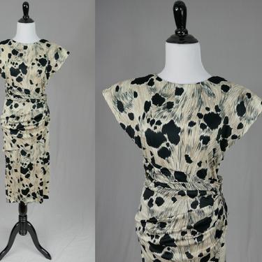 80s Curvy Animal Print Dress - Faux Wrap Drape - Black Brown Off-White - Shoulder Pads - Vintage 1980s - S M 