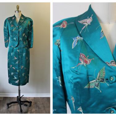 Vintage 1950s Emerald Green Silk Brocade Butterfly dress suit peplum jacket custom made hong kong // Modern Size US 2 4 xs 