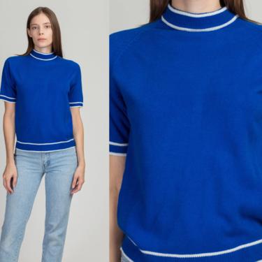 70s Blue Knit Mockneck Top - Small | Vintage Short Sleeve Sweater Shirt 