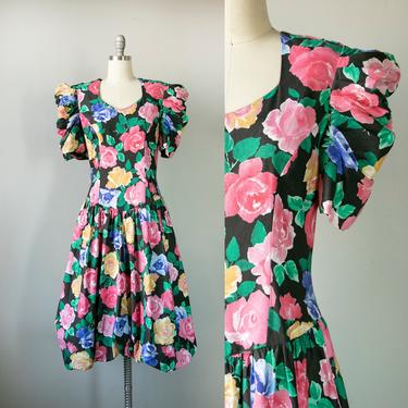 1990s Dress Floral Cotton Bubble Skirt M 