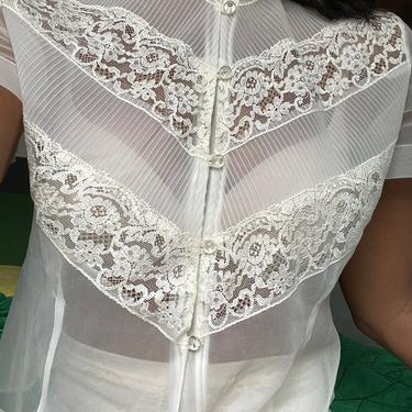 vintage mid century lace trim crystal pleat sheer nylon blouse 