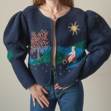 6547t / blue hand embroidered tree scene puff sleeve sweater / m 