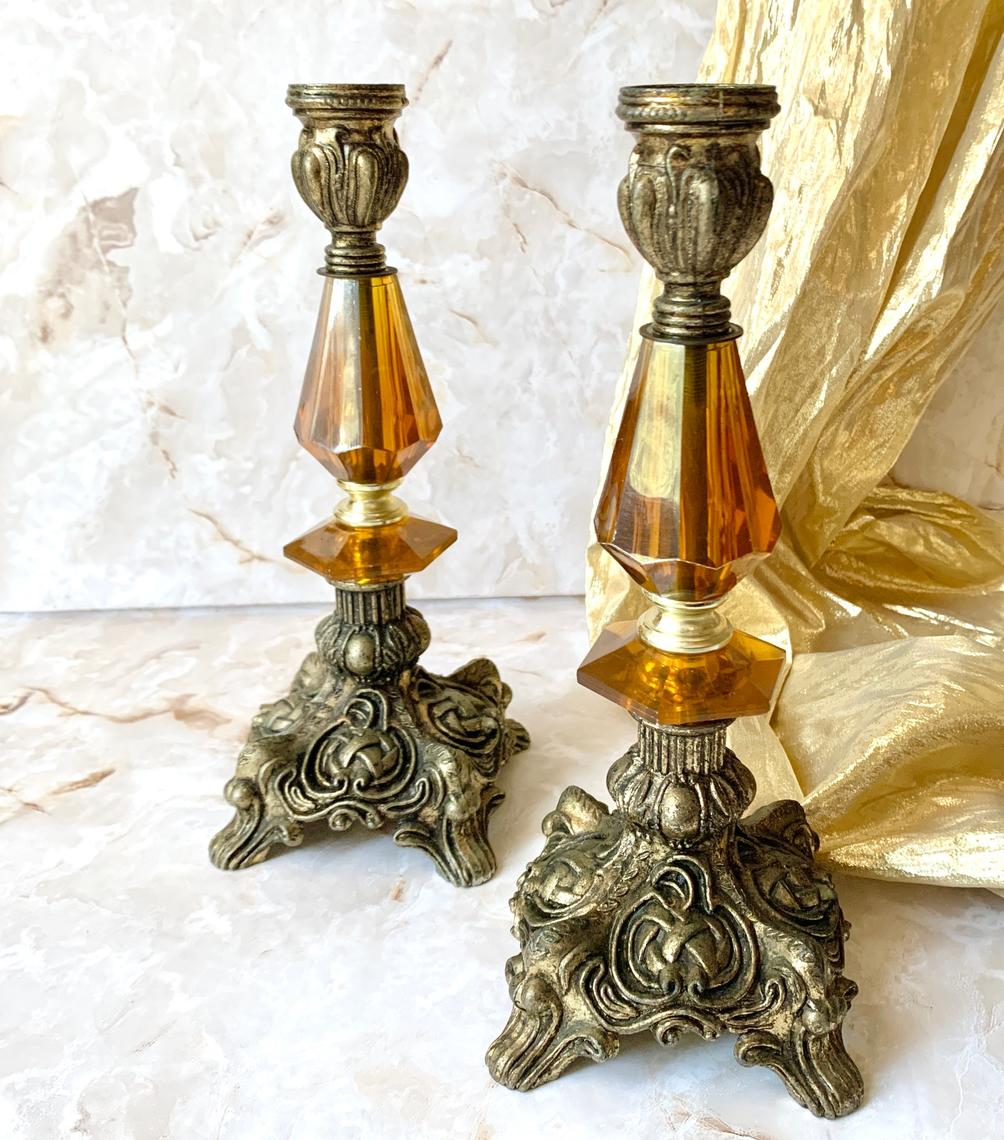 Ornate Candle Holders, Hollywood Regency, Amber Lucite, Candlestick ...