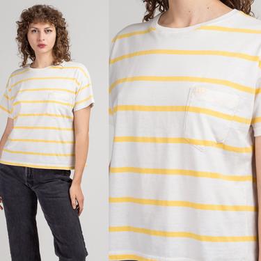 80s White & Yellow Striped Pocket Tee - Extra Large | Vintage Hang Ten Short Sleeve T Shirt 