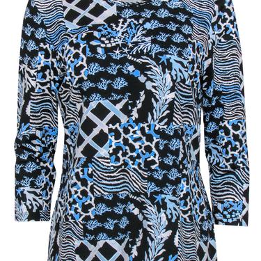 J. McLaughlin - Blue, Black &amp; White Coral Patchwork Print Quarter Sleeve Top Sz L