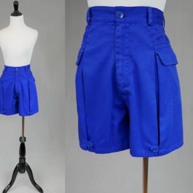 80s Vivid Blue Shorts - Unusual Inverted Pleat and Button Detail - High Waisted - Pretty Victory - Vintage 1980s - 24