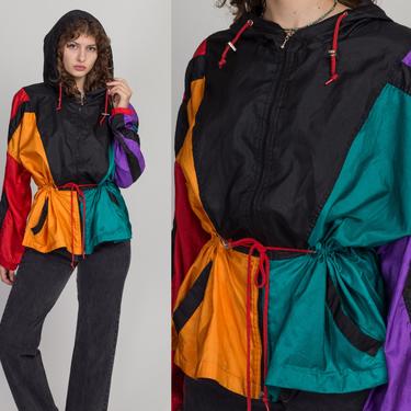 80s Colorful Drawstring Waist Windbreaker Jacket - One Size | Vintage Oversize Hooded Color Block Lightweight Coat 