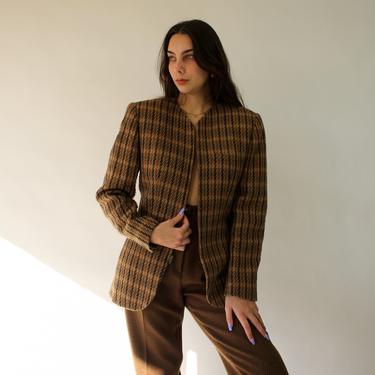 Vintage 80s Anne Klein Caramel Brown, Tan and Black Plaid Zipper Front Blazer | Made in USA | Cashmere, Wool, Alpaca | 1980s Designer Jacket 