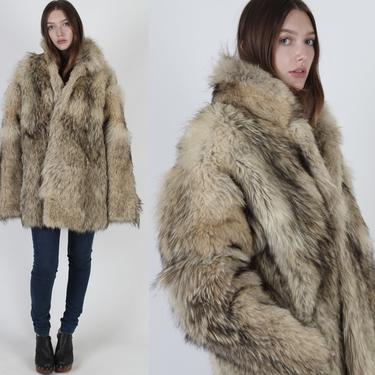 Vintage 70s Natural Coyote Fur Jacket Real Shaggy Mountain Man Unisex Coat 