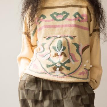 1980s Lacoste Creme Folkloric Motif Pullover 