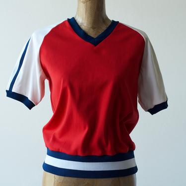 Vintage 1970s Baseball Jersey Top Red White & Blue