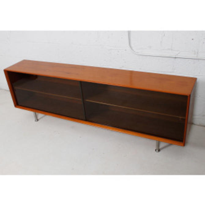 Low Danish Teak Sideboard Display Cabinet W Sliding Smoked