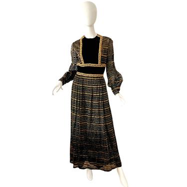70s Metallic Gold Beaded Dress /Vintage Deadstock Junior Accent NWT Velvet Evening Gown Small 