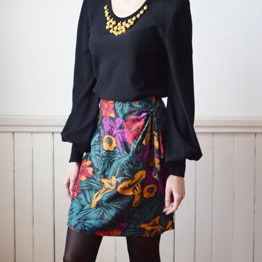 Vintage 1990s Silk Wrap Skirt with Dark Floral Print | S/M 