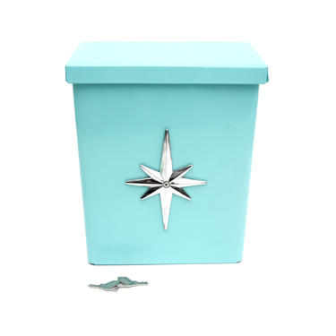 Mid-Century Modern Turquoise Metal Mailbox Starburst Emblem Atomic Era Wall Mount Postal Letter Box 