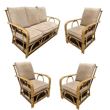 Rare &quot;1949er&quot; Rattan Sofa Livingroom Set w/ 3 Lounge Chairs by Heywood Wakefield 