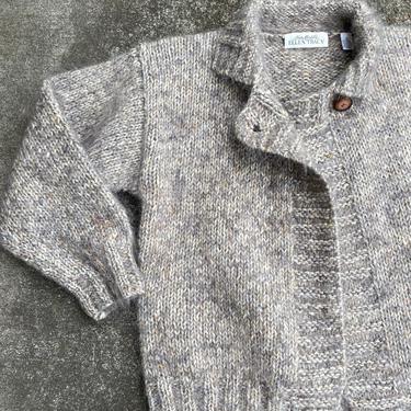 Vintage fuzzy cardigan ~ soft & cozy gray /speckle tan nubby wool mohair sweater~ 1990’s trend minimalist warm ~ roomy size small 