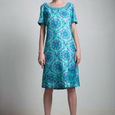 silk shift dress beaded collar 60s vintage turquoise blue floral short sleeve MEDIUM M 