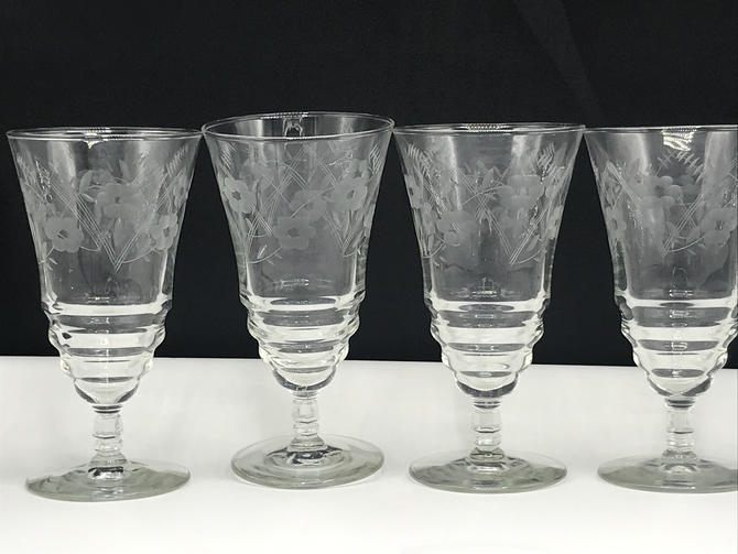 6 Vintage Etched Tall Wine Glasses Water Goblets, Rock Sharpe