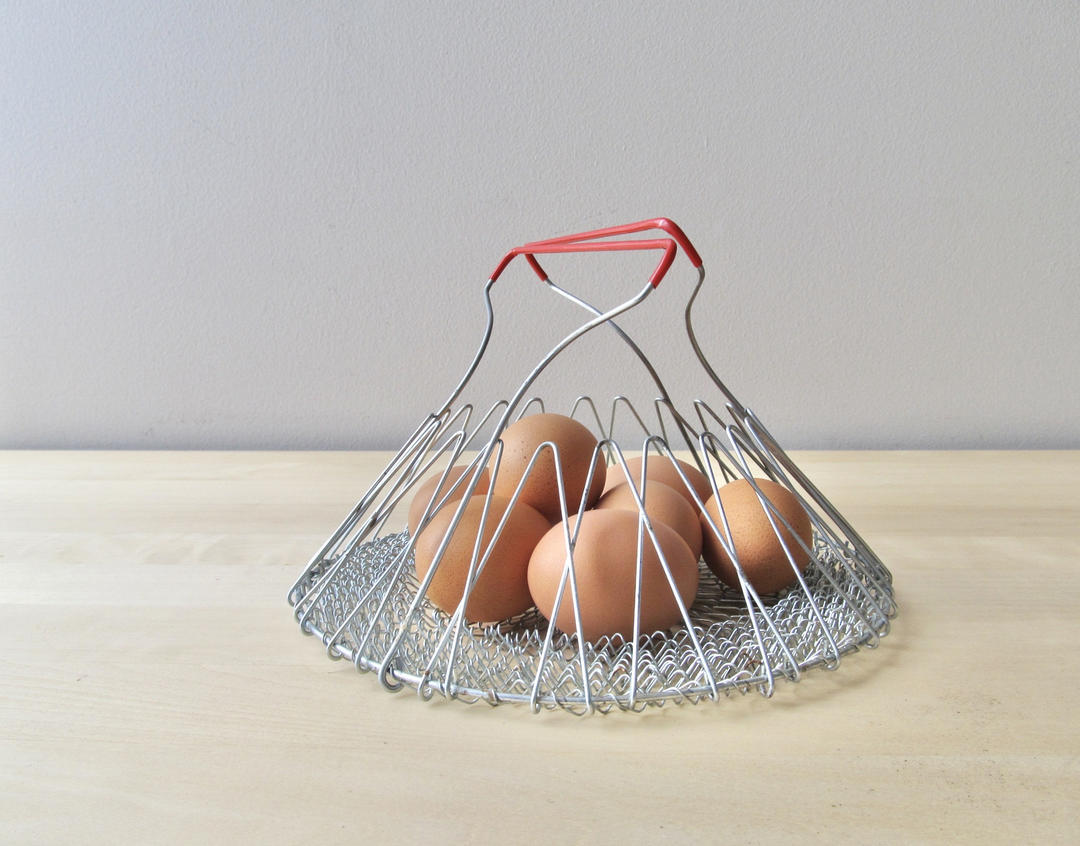 wire mesh egg basket with red handles vintage gathering Ione's