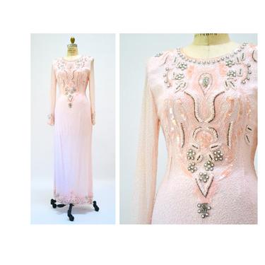 80s 90s Glam Vintage Pink Beaded Gown Dress Size Small Medium// 80s 90s Vintage Pink Silver Beaded Pageant Wedding Gown Dress Long Sleeves 