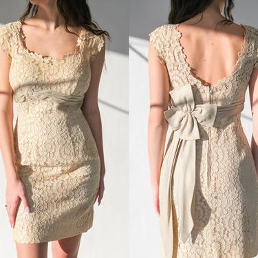 Vintage 40s Natural Floral Lace Empire Waist Wedding Dress w/ Taupe Silk Pleated Bow | Bridesmaid, Bohemian | 1940s Lace Boho Mini Dress 