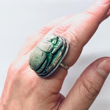 Vintage Ring, Silver Ring, Scarab Ring, Green Scarab, Wooden Scarab, Scarab Bead, Bead Ring, Large Ring, Cocktail Ring, Green Jewelry, 925 