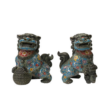 Chinese Pair Metal Blue Enamel Cloisonné Fengshui Foo Dog Figures ws1428E 