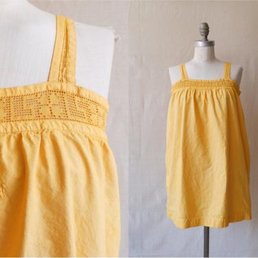 Antique Edwardian Marigold Cotton Nightgown/ 1910s 20s Yellow Mini Dress with Monogram Yoke/ Size Medium 
